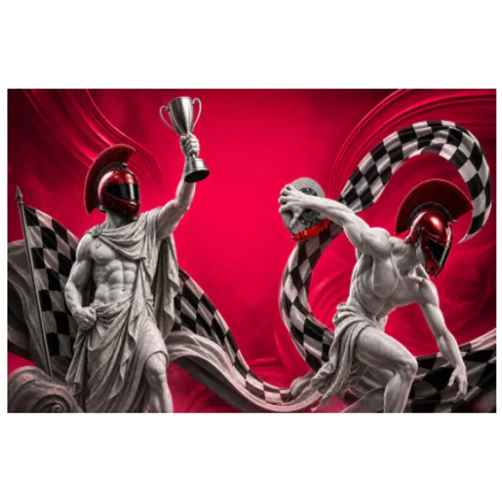 Zerbino Tribuna Motori Eroi con arena rossa, monoposto e statue da corsa.