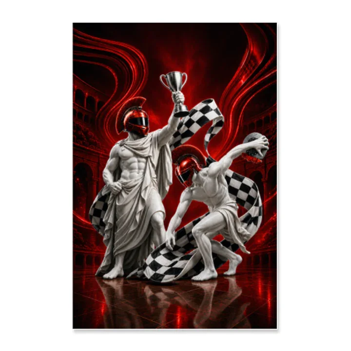 Poster verticale Tribuna Motori Arena Rossa con due statue e bandiera a scacchi.