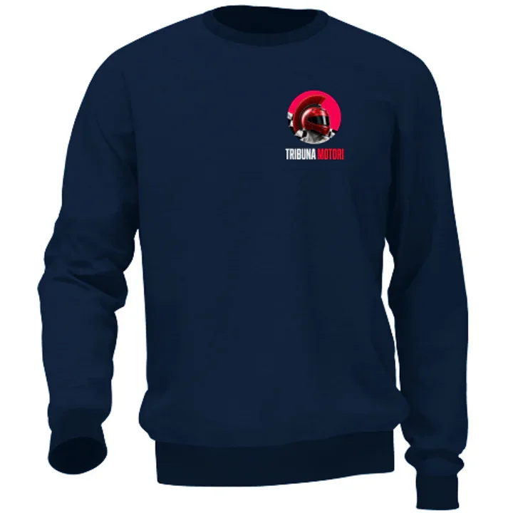 Felpa blu Centurione Rosso con piccolo emblema Tribuna Motori sul petto.
