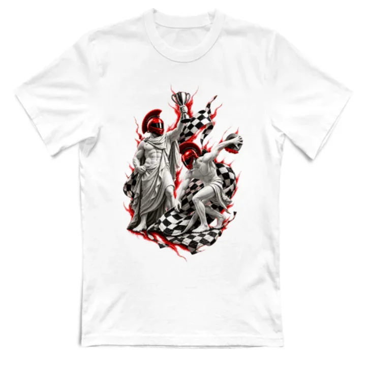 T-shirt bianca Tribuna Motori Eroi con due statue da corsa e dettagli rossi.