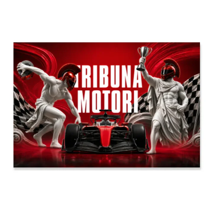 Poster orizzontale Tribuna Motori Arena Rossa con due statue e bandiere a scacchi.