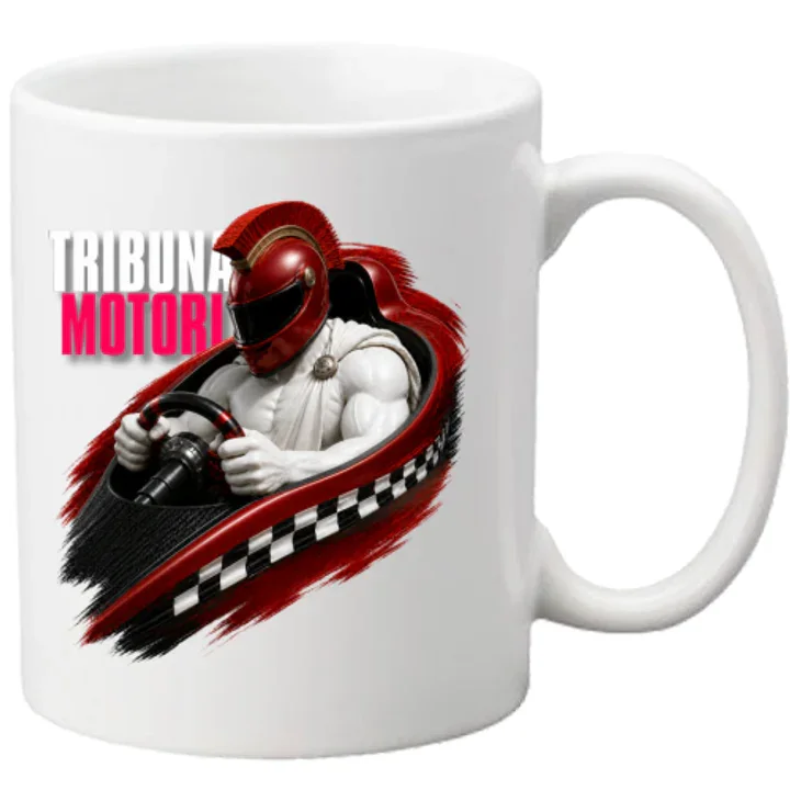 Tazza bianca Tribuna Motori Race con gladiatore e casco rosso.